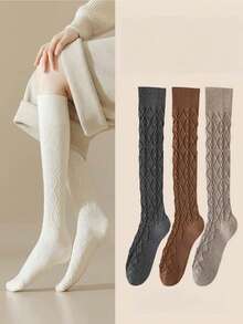 1/2/3/6 Pairs Women Thick Fleece Thigh High Socks, Cable Chain Design, Multi-Color Random, Fashion Versatile Over-The-Knee Socks Suitable For Daily Wear, Students, Girls, Autumn/Winter