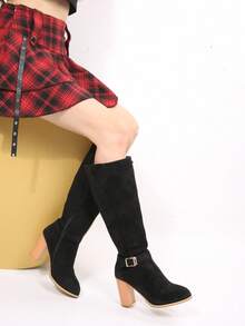 Giày bốt cao đến đầu gối màu trơn, mũi nhọn, gót dày, chất liệu da lộn nhập khẩu, size lớn, hàng mới 2024 Thu/Đông - màu đen - Xem 18