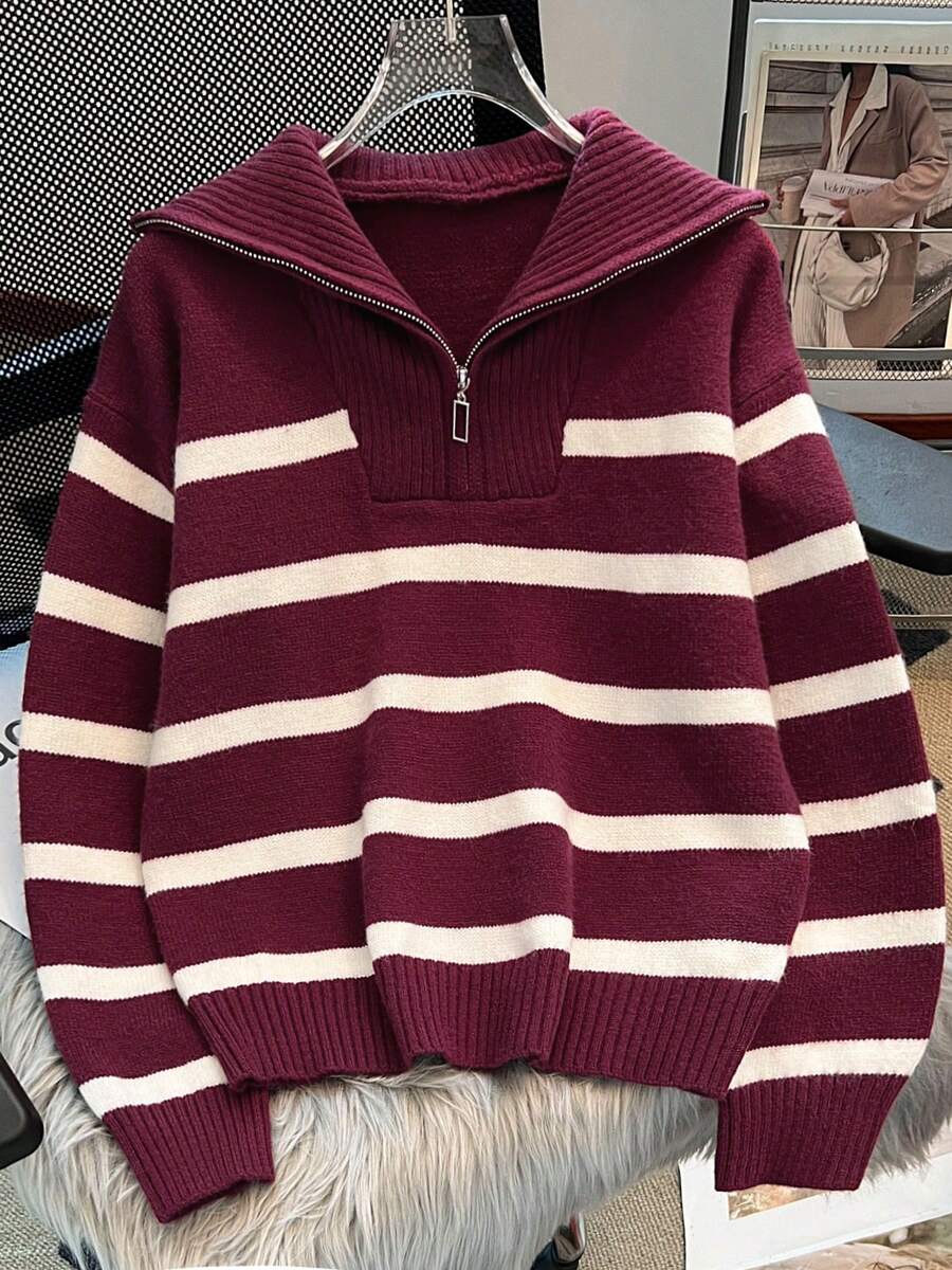 Autumn/Winter New Zipper Women Striped Knit Sweater, Fashion Minimalist Pullover, Versatile - Burgundy - View 1