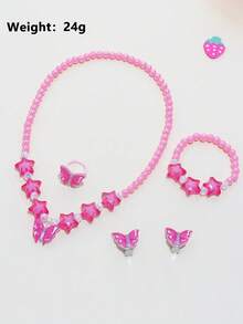 5pcs/10pcs Girls Pink Charm Beaded Butterfly, Pentagram, Flower Bracelet, Necklace, Ring, Earrings Jewelry Set, Suitable For BFFs, Little Sisters, Daily, Party, Birthday Gift - Multicolor - View 3