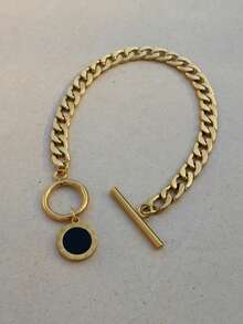 1pc Circular Coin Stamped Roman Numeral Badge Pendant, OT Clasp Curb Chain Stainless Steel Bracelet, Vintage Jewelry Suitable For Daily Wear