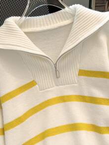 秋冬新款拉链女条纹针织毛衣，时尚简约套头衫，百搭 - 淡黃色 - 查看 4