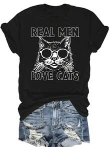 Camiseta con patrones interesantes para mujer y unisex, de verano, casual, transpirable, con cuello redondo, manga corta, estilo urbano y versátil, adecuada para adolescentes y adultos - Negro - Ver 1