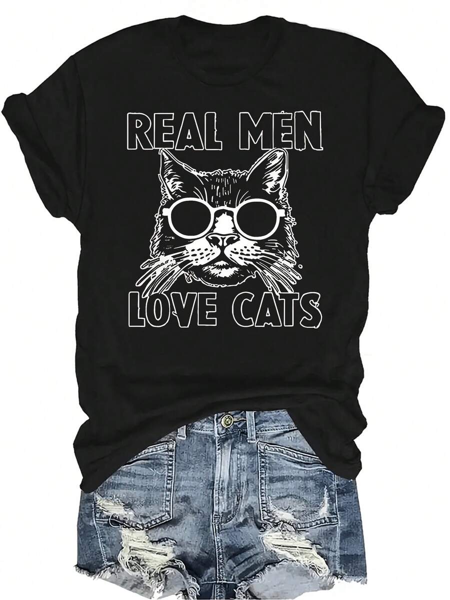 Camiseta con patrones interesantes para mujer y unisex, de verano, casual, transpirable, con cuello redondo, manga corta, estilo urbano y versátil, adecuada para adolescentes y adultos - Negro - Ver 1