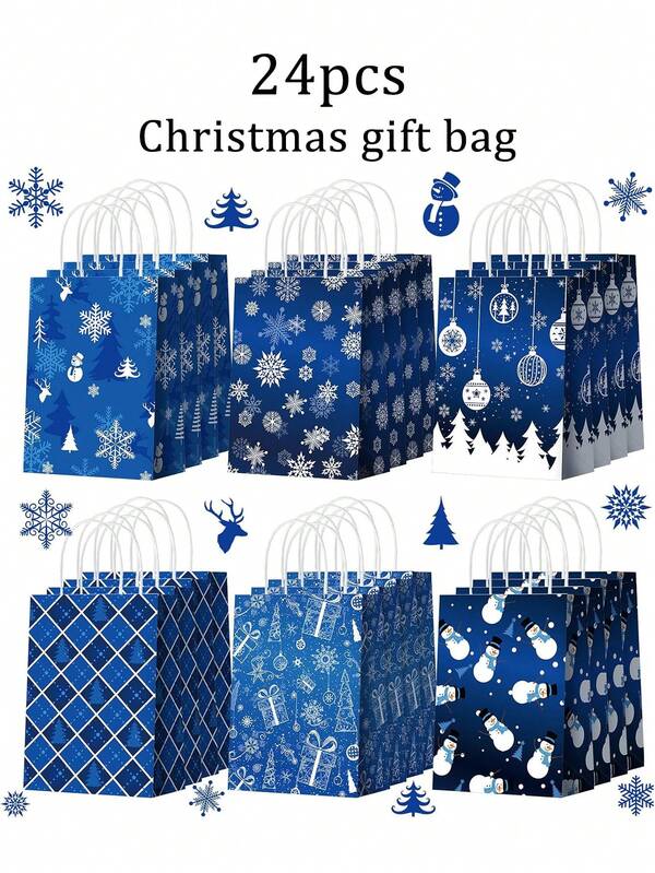 24pcs/6pcs Christmas Gift Bags. Christmas Gift Packaging Bags, Snowflake Snowman Bell Kraft Paper Bags, Party Handbags, Holiday Gift Bags, Winter Christmas Paper Bag Gifts, With Handles, Winter Wonderland Party Good Gift Bags, With Snowflakes, Snowmen, Deer, Christmas Happy Bags, Winter Christmas Party Gifts