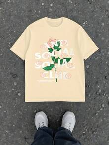 Anti Social Club Men's Casual 220g T Shirt 1pcs Streetwear Style 100% Cotton Rose Floral Digital Printed T Shirt Graphic Tee With Slogan - 杏色 - 查看 1