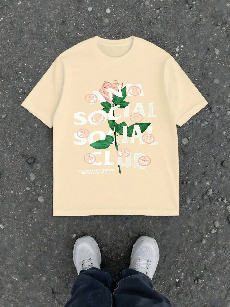 Anti Social Club Men's Casual 220g T Shirt 1pcs Streetwear Style 100% Cotton Rose Floral Digital Printed T Shirt Graphic Tee With Slogan - 杏色 - 查看 1