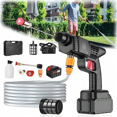 Hidrolavadora Portátil Inalámbrica 1100PSI, Alta Presión,Con Batería Recargable 21V, Kit Completo para Lavado de Autos, Jardines y Pisos
