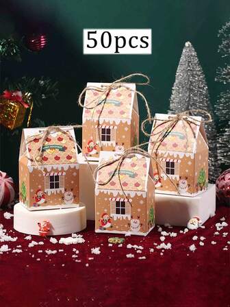 98件/74件/50件/25件圣诞姜饼屋礼盒，牛皮纸包装盒，礼品糖果盒。纪念品礼品盒。带印花图案，圣诞礼品盒，礼品和礼品盒。圣诞派对礼品盒，纸板礼品容器，圣诞节派对礼品，糖果，零食，礼品包装
