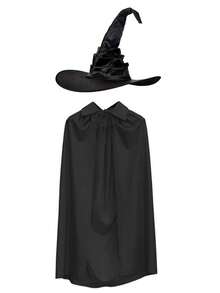 两件套万圣节圣诞节吸血鬼女巫服装套装，包括褶皱女巫帽和单层黑色死神斗篷披风，适合化装舞会表演。 - 黑色 - 查看 7