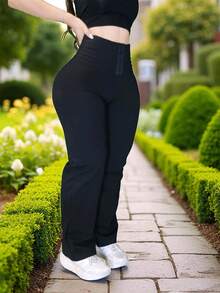 Pantalon Leggings mallones lycra para mujer casual de pierna amplia - Negro mod 5 con broches - Ver 1