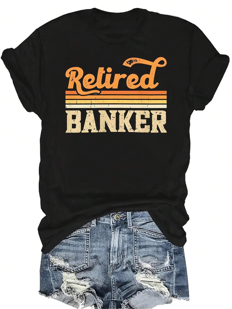 Camiseta de Banquero Jubilado para Mujer Unisex, Casual de Verano, Transpirable, de Personalidad, Cuello Redondo, Manga Corta, Ropa de Calle Versátil, Adecuada para Adolescentes y Adultos - Negro - Ver 1