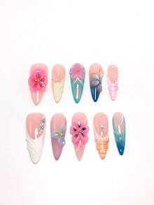 10 Pieces Of 3.3 Cm Fine Square Press-On Nails, Handcrafted. Beach Essentials, Nail Patch, Press-On Nails, Nails, Supplies, Summer Nails, Press-On Acrylic Nails, Long Nails, French Style, Gradient, Pink Ice Flower, Pearl, Blush, Shooting Star, Petal, Three-Dimensional Shape, Three-Dimensional Carved Flower, Three-Dimensional Carving Modeling Glue,