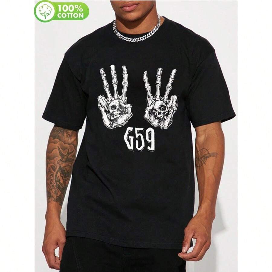 Men'S G59 Graphic T-Shirt - Black Casual Crew Neck Tee With Skull & Crossbones Design, 180gsm Comfortable Fabric, Perfect For Outdoor Activities, Hiking, And Casual Attire, Hiking Apparel | Skull Print Tee | Comfortable Fit, Dad Boss T Shirt, Funny T Shirt, Professionalgrade, Highend Prints, Unisex Style, Gamer Top, Gamer Outfit, Vintage Style, Pop Culture Tee, Printed Tshirt, Novelty - 黑色 - 查看 1