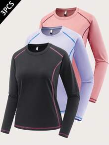Pacote com 3 Camisetas Femininas de Manga Longa para Exercícios - Tops Sólidos Confortáveis e Respiráveis, Ajuste Solto, Secagem Rápida, Ideal para Fitness, Corrida, Exercícios, Yoga, Atividades ao Ar Livre e Uso Casual Diário