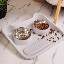 Auslaufsichere Edelstahl-Futternäpfe mit rutschfestem Boden - Doppelte Futter- und Wassernäpfe für Hunde & Katzen, einfach zu reinigen, robustes Design für kleine bis mittlere Rassen, gelbe Kunststoffschale mit erhöhten Rändern, Katzenfütterungsstation, schlankes Napfdesign, leicht zu reinigendes Material