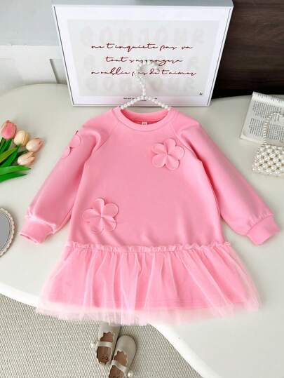 Humor Bear Vestido casual de niña con decoración de flores, cuello redondo, manga larga, parche de malla, otoño