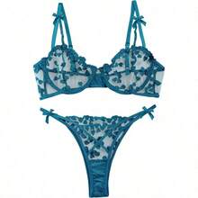 Sexy Underwire Cute Push Up Strappy Embroidered Mesh Sheer Lingerie Set See Through Panty Bra - Cung ngọc lam - Xem 1