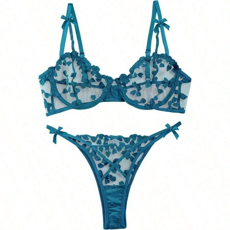 Sexy Underwire Cute Push Up Strappy Embroidered Mesh Sheer Lingerie Set See Through Panty Bra - Cung ngọc lam - Xem 1