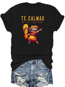 Camiseta de mujer y unisex con expresión mexicana española de "Cálmate o yo" Verano casual, transpirable, de personalidad, cuello redondo, manga corta, ropa de calle, versátil, adecuada para adolescentes y adultos - Negro - Ver 1