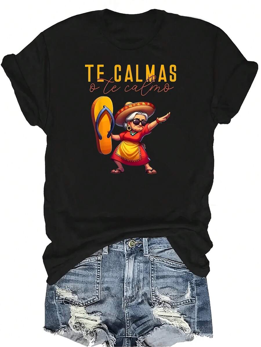 Camiseta de mujer y unisex con expresión mexicana española de "Cálmate o yo" Verano casual, transpirable, de personalidad, cuello redondo, manga corta, ropa de calle, versátil, adecuada para adolescentes y adultos - Negro - Ver 1