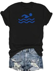 Camiseta con patrones interesantes para mujer y unisex, de verano, casual, transpirable, con cuello redondo, manga corta, estilo urbano y versátil, adecuada para adolescentes y adultos - Negro - Ver 1