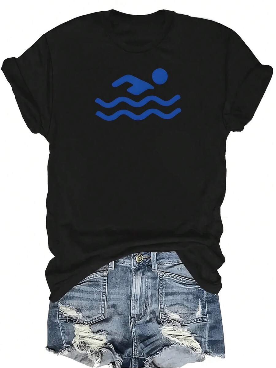 Camiseta con patrones interesantes para mujer y unisex, de verano, casual, transpirable, con cuello redondo, manga corta, estilo urbano y versátil, adecuada para adolescentes y adultos - Negro - Ver 1