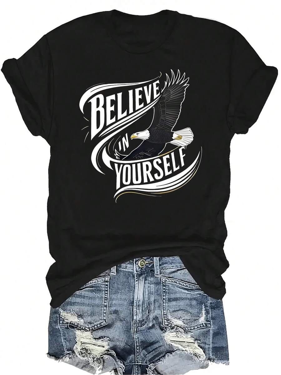 Camiseta con patrones interesantes para mujer y unisex, de verano, casual, transpirable, con cuello redondo, manga corta, estilo urbano y versátil, adecuada para adolescentes y adultos - Negro - Ver 1