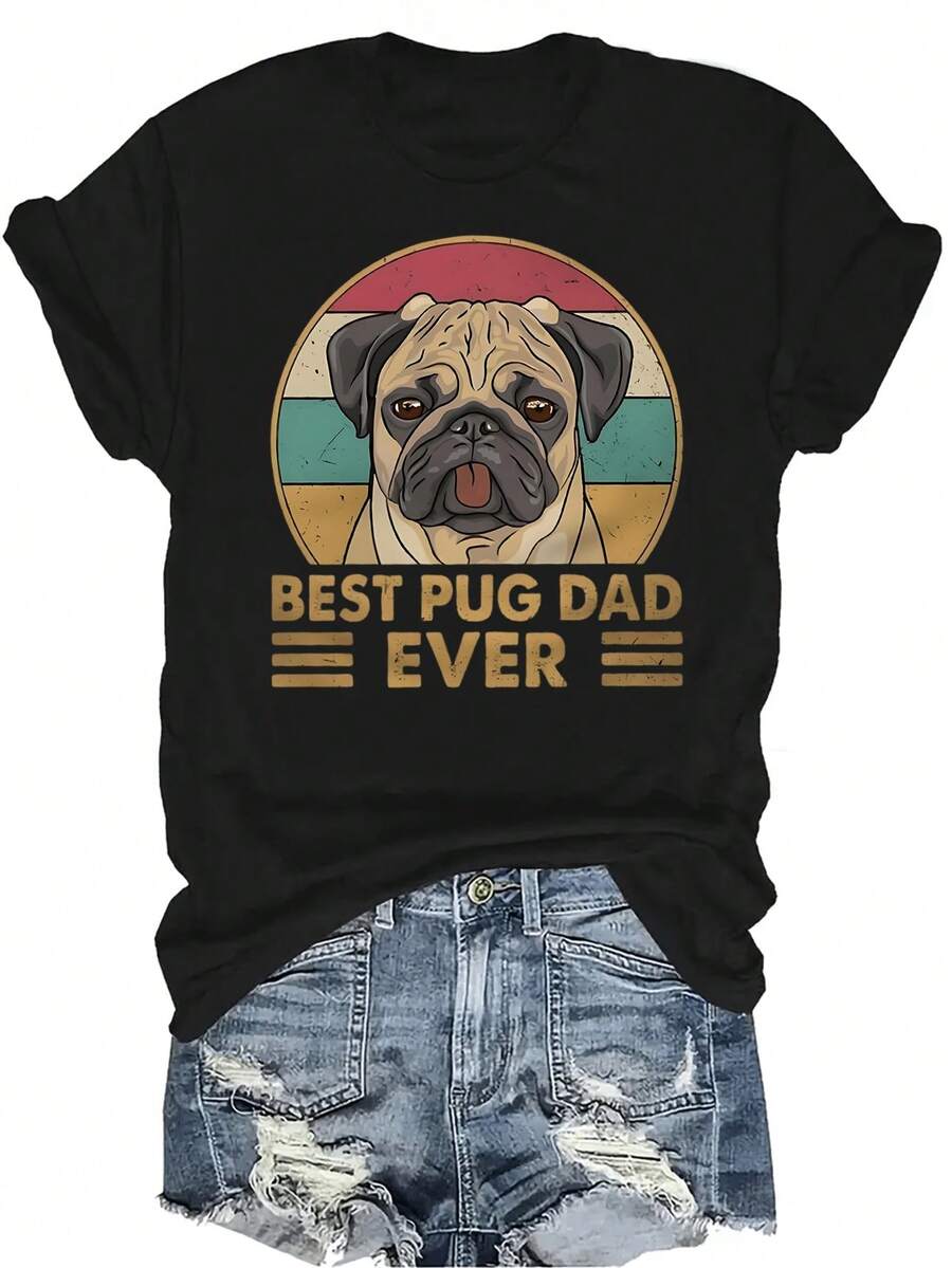 Camiseta Pug Daddy para mujer, unisex, de verano, casual, transpirable, con personalidad, cuello redondo, manga corta, ropa de calle, versátil, adecuada para adolescentes y adultos - Negro - Ver 1