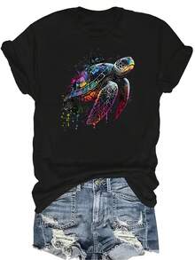Camiseta con diseño de tortugas marinas para mujer y unisex, de verano, casual, transpirable, de cuello redondo, de manga corta, de uso versátil, adecuada para adolescentes y adultos - Negro - Ver 1