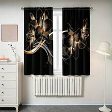 2pcs Black Floral Pattern Semi-Sheer Curtains, Modern All-Season Design, 100% Polyester, Light Filtering, Rod Pocket, Easy Hanging, Suitable For Kitchen, Laundry Room, Bedroom, Study, Living Room - Multicolor - View 6