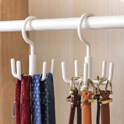 2 piezas Percha multifunción de 5 ganchos, organizador de armario ahorra espacio, puede colgar corbatas, cinturones, bufandas, bolsos, rotación de 360°, sin necesidad de taladrar, diseño minimalista blanco, se adapta a varios armarios