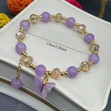 1pc Butterfly Student Bracelet Forest Series Fresh And Cute Crystal Jewelry, Glass Explosion Flower Handmade Bracelet - 紫色 - 查看 3