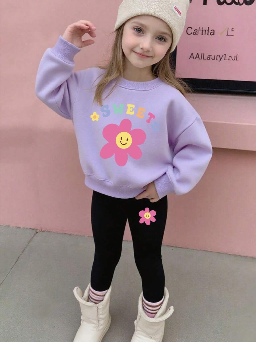 2 件/套青少年女孩花朵印花运动衫圆领 + 花朵印花紧身裤套装，适合女孩休闲舒适秋冬时尚服装可爱衣服套装 - 彩色 - 查看 1