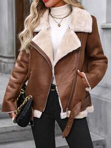 女式仿羊毛夹克厚衬里派克大衣冬季保暖外套仿皮夹克 - 棕色 - 查看 5