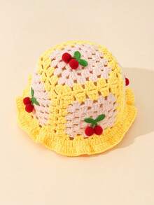 1pc Girls Winter Knitted Hollow Cherry Warm Hat, Fashion Kids Knitted Cap, Hand-Knitted Cherry Hat Suitable For 3-8Y