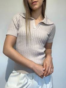 Camiseta Polo Trançada Tricô Moda Feminina Verão Tricot Modal - Papiro - Visão 4