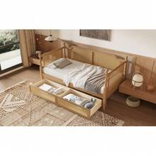 TWIN CHILDREN'S SOFA BED WITH WALNUT FRAME AND TRADITIONAL RATTAN TRIM. COMES WITH TWO DRAWERS, PERFECT FOR A BEDSIDE TODDLER BED OR CHILDREN'S BED IN ROOMS WITH LIMITED SPACE AND NO BOX SPRING MATTRESS. ANTIQUE WALNUT