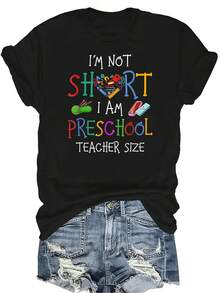 No soy baja, soy maestra de preescolar' Camiseta para mujer y unisex de verano, casual, transpirable, con personalidad, cuello redondo, manga corta, ropa de calle, versátil, adecuada para adolescentes y adultos - Negro - Ver 1