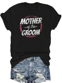 Camiseta para la madre del novio en la fiesta de boda, despedida de soltero, mamá, mujer, unisex, de verano, casual, transpirable, de personalidad, de cuello redondo, de manga corta, ropa urbana, versátil, adecuada para adolescentes y adultos - Negro - Ver 1