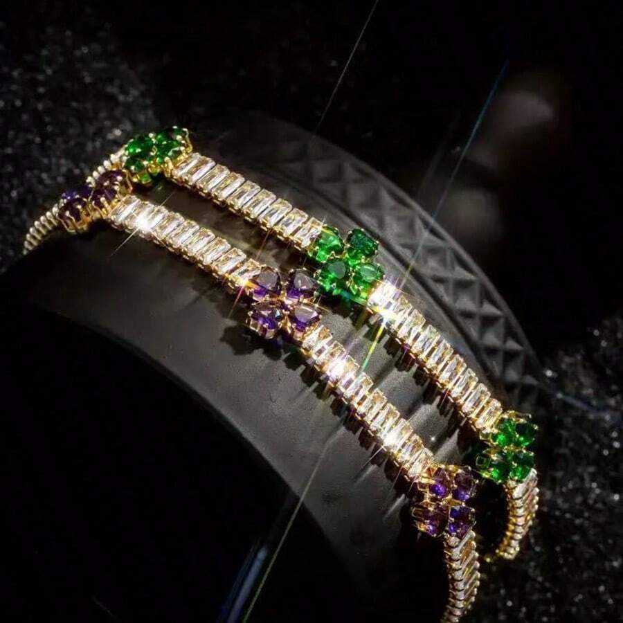 1 قطعة سوار تنس فاخر بشكل قلب ذهبي، 1 قطعة سوار تنس أنيق بشكل قلب للنساء مرصع بأحجار الزركونيا البنفسجية | سوار للذكرى السنوية، مجوهرات لامعة - هدية مثالية لعيد الحب والذكرى السنوية