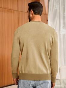 Men's Long Sleeve Button Down Knitted Cardigan Sweater With Pockets, Casual Style - Khaki Muda - View 3
