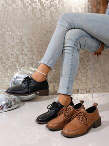 Solid Color Preppy School Style Lace-Up Office High Heel Shoes, Non-Slip Thick Heel Square Toe Shoes, Simple Fashion Sexy Comfortable Low Price Casual Loafers, Country Outdoor Ladies High Heel Shoes, Dance Shoes, Fashion Shoes