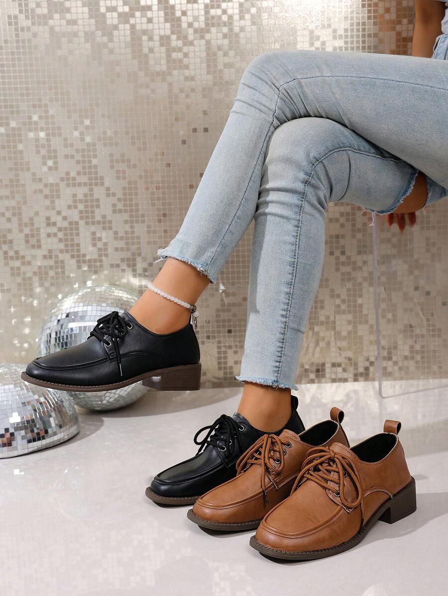 Solid Color Preppy School Style Lace-Up Office High Heel Shoes, Non-Slip Thick Heel Square Toe Shoes, Simple Fashion Sexy Comfortable Low Price Casual Loafers, Country Outdoor Ladies High Heel Shoes, Dance Shoes, Fashion Shoes