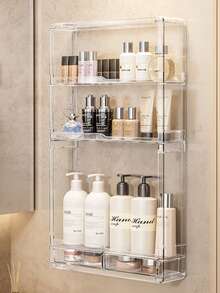 1pc Wall Mounted Bathroom Shelf, Toilet Vanity Organizer Rack, Drill-Free Storage Holder - Clear - View 4