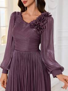 Elisanya UNITHORSE 女士 V 领灯笼袖纯色领口 3D 花朵装饰长款晚礼服伴娘礼服毕业礼服晚宴礼服 - 紫色 - 查看 6