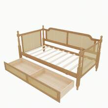 TWIN CHILDREN'S SOFA BED WITH WALNUT FRAME AND TRADITIONAL RATTAN TRIM. COMES WITH TWO DRAWERS, PERFECT FOR A BEDSIDE TODDLER BED OR CHILDREN'S BED IN ROOMS WITH LIMITED SPACE AND NO BOX SPRING MATTRESS. ANTIQUE WALNUT