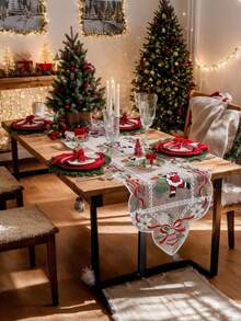 1 buc. Șervețel de masă de Crăciun cu panglici florale, clopoței de Crăciun, brazi de Crăciun și design cu Moș Crăciun - țesătură din plasă de poliester, decor de sărbători roșu și alb - potrivit pentru bucătării, sufragerii, petreceri, Crăciun, utilizare în interior/exterior - disponibile în mai multe dimensiuni - decor de masă de Crăciun