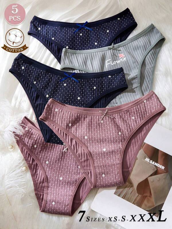 Calcinhas femininas de algodão com 5 peças, calcinhas de malha canelada, lingerie sexy romântica com renda, calcinhas triangulares respiráveis com laço, conjunto de roupa íntima e pijama fofo para estudantes adultos, calcinhas femininas florais, calcinhas confortáveis e respiráveis, calcinhas com laço de cintura baixa, calcinhas florais estampadas com bolinhas, calcinhas triangulares para uso diário feminino, calcinhas simples básicas para a primavera, calcinhas da moda para presente de Dia das Mães