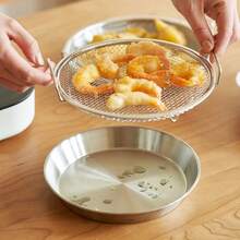 Juego de cesta de sartén de acero inoxidable con bandeja antigoteo - Colador antiadherente y fácil de limpiar, usado para hornear, freír alimentos y verduras, accesorios de cocina, un regalo imprescindible para chefs en el hogar, almacenamiento ahorrador de espacio para organizadores de cocina, idea de regalo de cocina navideña